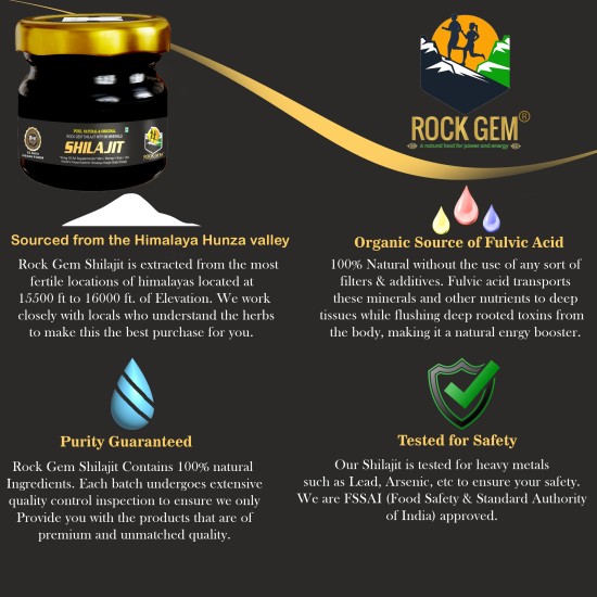 Rock Gem® Pure, Natural & Original Premium Quality Himalaya Hunza Valley Resin Shilajit, Performance Booster For Endurance and Stamina | Contains Lab Report - 30g